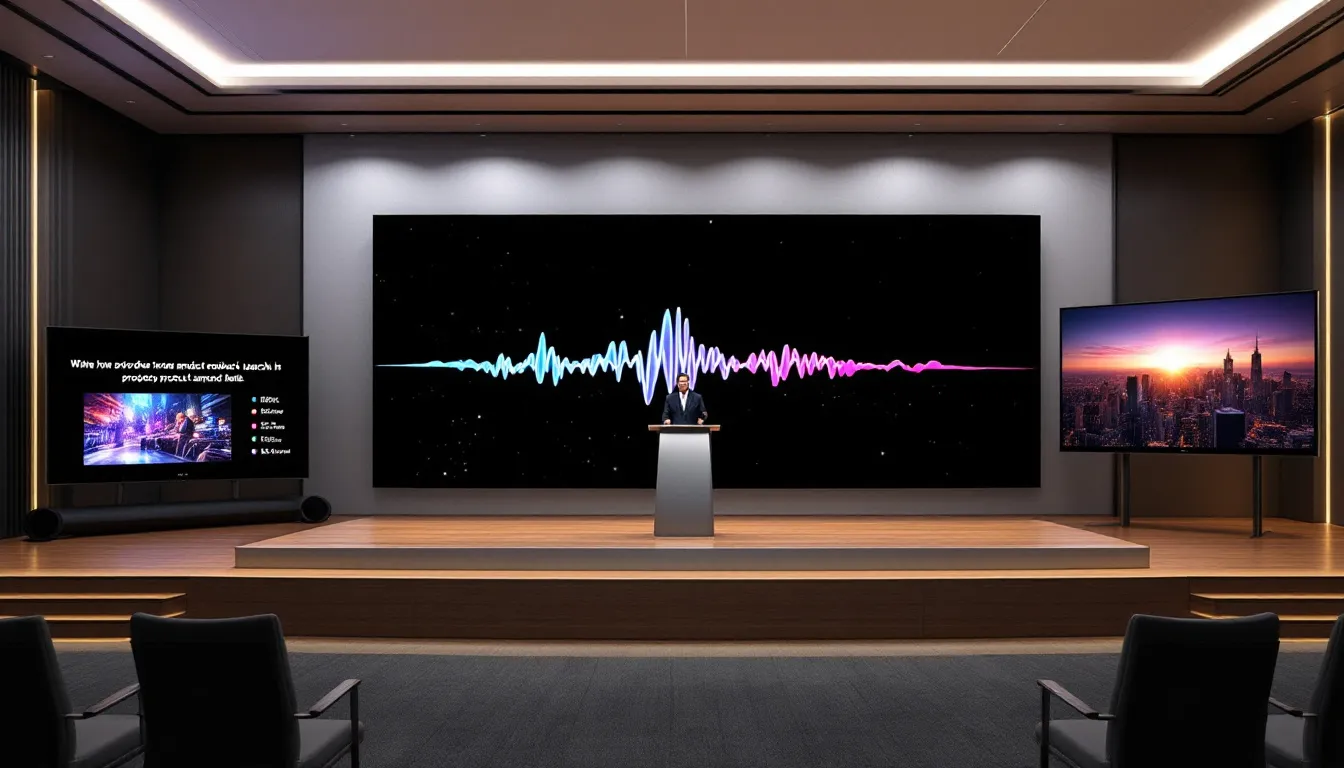 A high-quality AV setup for a product launch event in Boston convention, showcasing the importance of audio visual rentals.