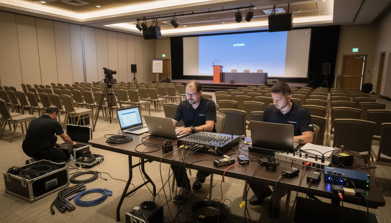 AV technicians are busy setting up a variety of laptop computers and equipment in a conference venue, preparing for upcoming corporate events and user conferences in Boston. They are arranging rental laptops, including gaming laptops and Apple laptops, to ensure the latest technology is available for attendees during presentations and training sessions.